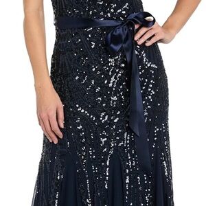 R&M Richards Navy Sequin Maxi Dress with Satin Waist Tie